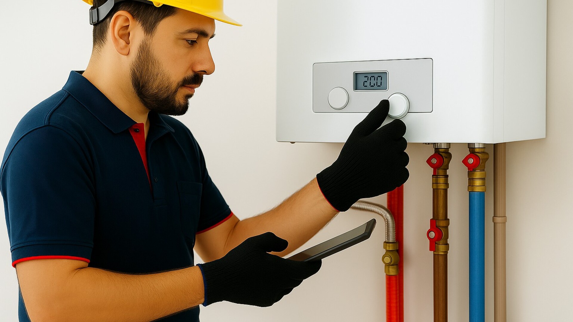 Professional heating engineer servicing a modern boiler system
